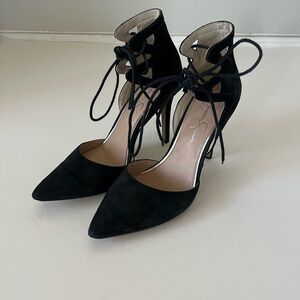Jessica Simpson Cena Lace Up Black Suede Pointy Toe Heels Women's Size 8